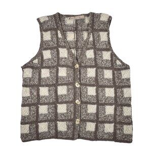 VTG Check Sweater Vest Sz.M Tan Cream Wool Hand Knit Cottage Academia Grandma